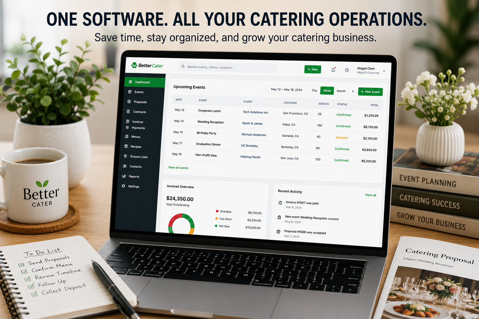 Better Cater catering software dashboard helping caterers manage proposals, events, invoices, payments, menus, and client communications from one platform