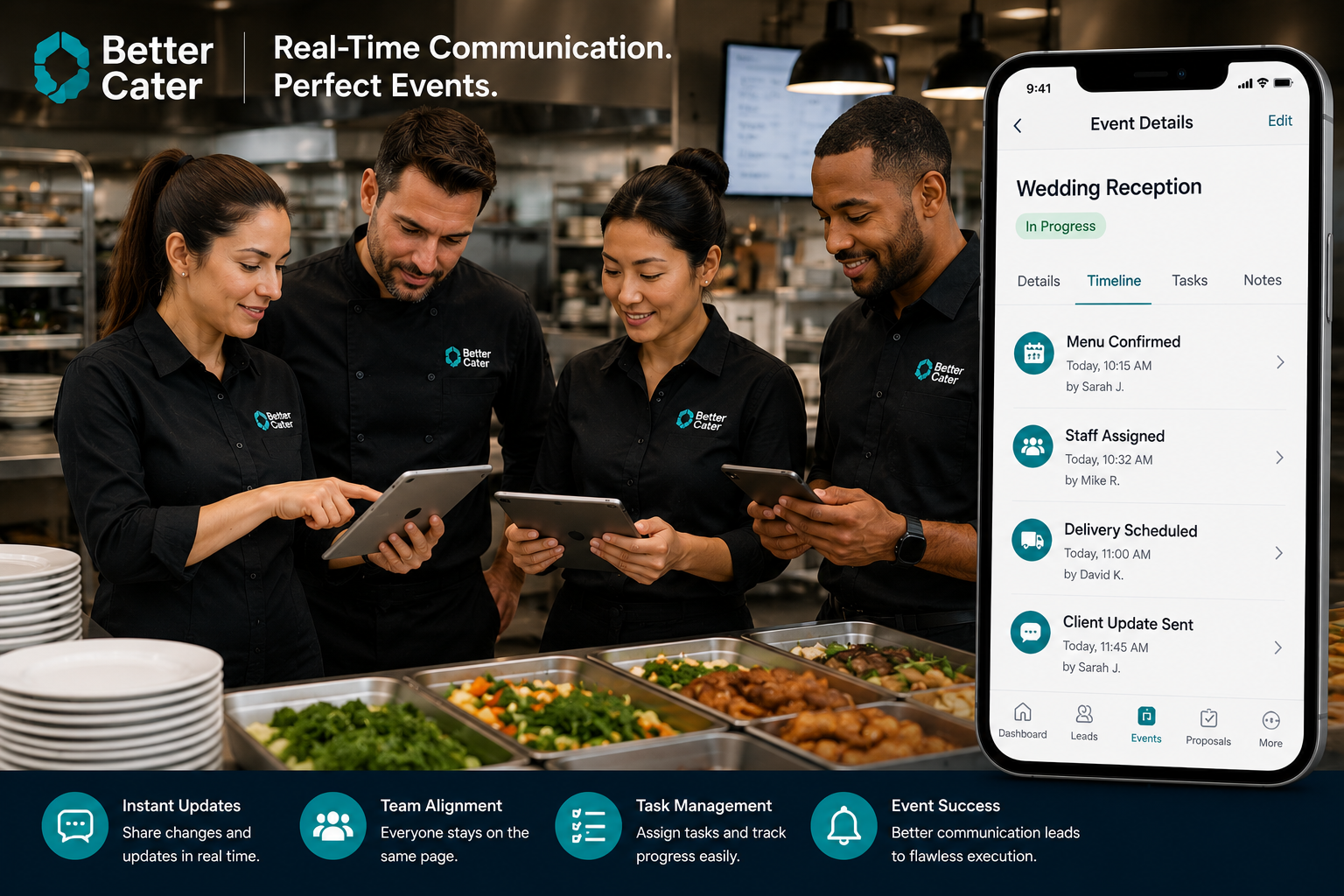 Catering staff communicating through mobile event management software.