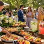 Outdoor summer catering event with seasonal food stations and beverage service