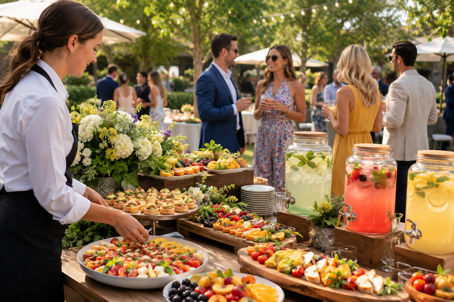 Outdoor summer catering event with seasonal food stations and beverage service