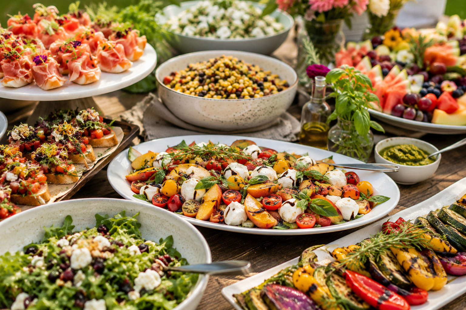 Seasonal summer catering menu with fresh colorful ingredients