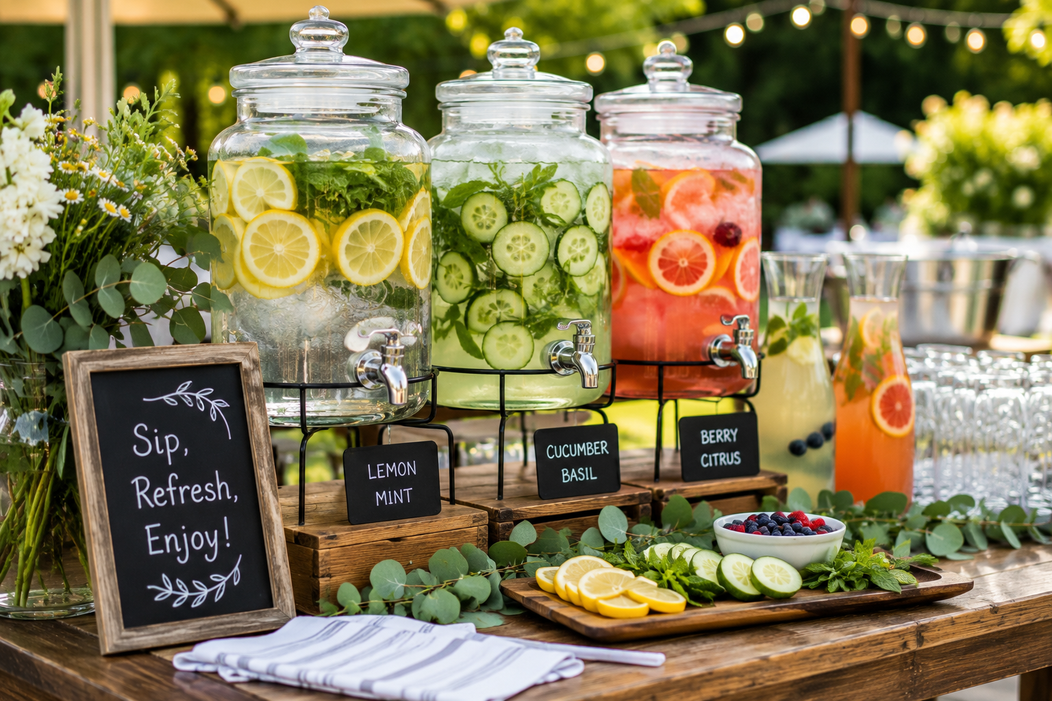 Summer beverage station with infused drinks for catered outdoor events
