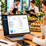 Professional caterer using catering software to manage leads, proposals, event planning, customer communication, and business operations in a modern catering workspace.