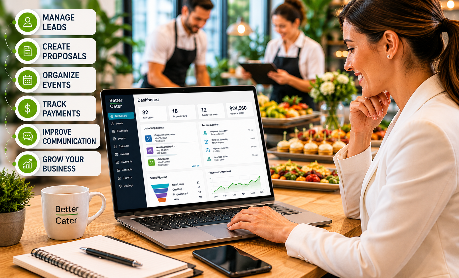 Professional caterer using catering software to manage leads, proposals, event planning, customer communication, and business operations in a modern catering workspace.