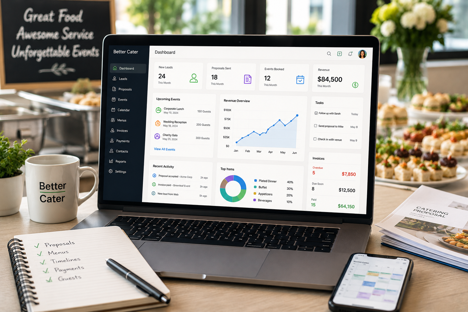 Catering software dashboard displayed on a laptop showing event management, proposals, payments, reporting, and task tracking features for a modern catering business.
