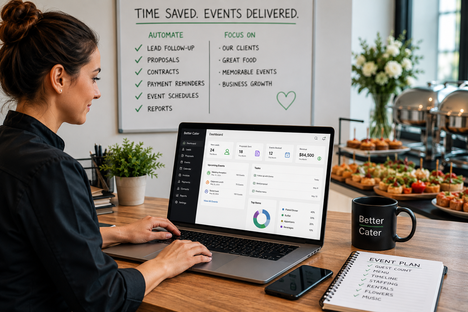 Professional caterer using catering software to automate administrative tasks, streamline event planning, and save time while growing a catering business.