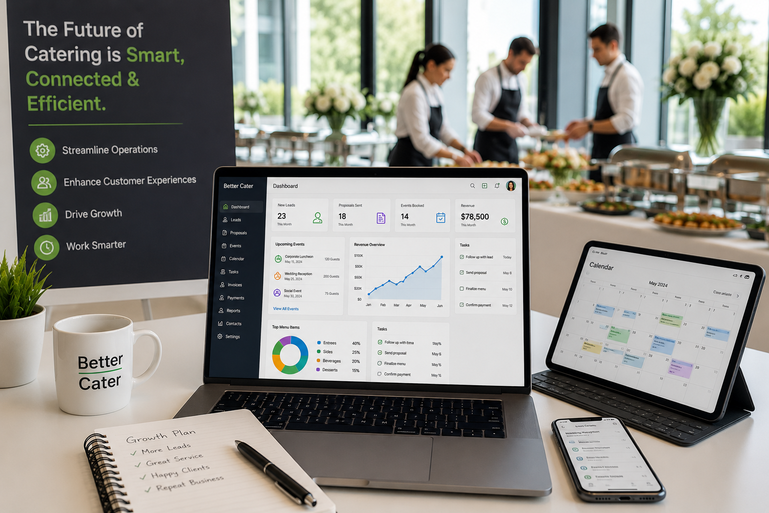 Future-focused catering management software displayed on connected devices, helping catering businesses streamline operations, improve customer experiences, increase efficiency, and drive growth.